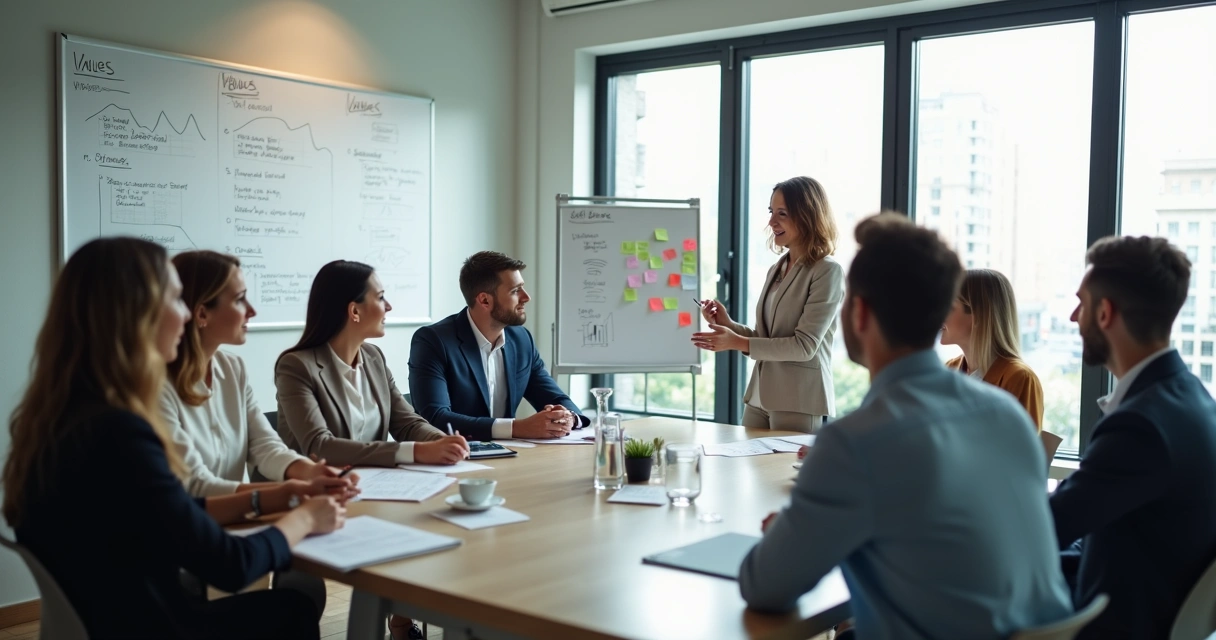 Equipo reunido conversando sobre valores y comportamientos internos 