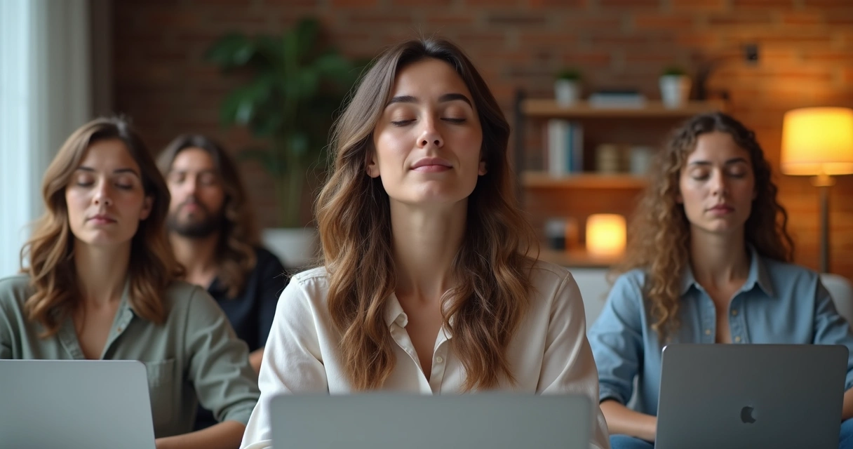 Equipo multicultural participando de meditación guiada virtual