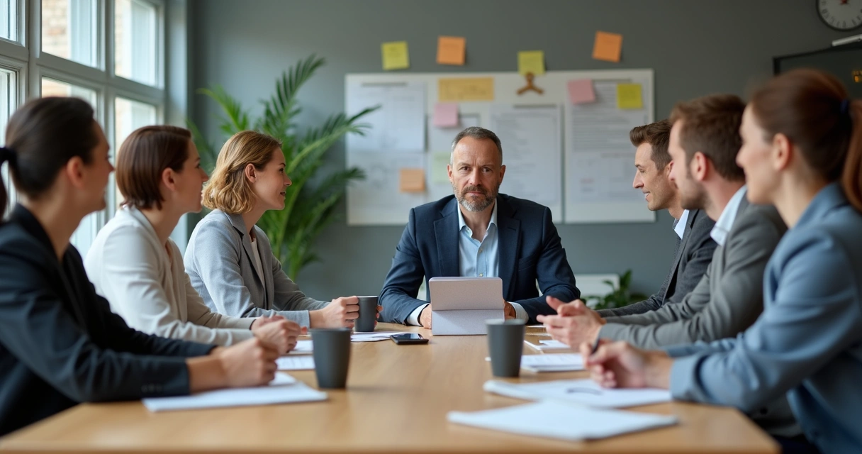 Personas de un equipo en una reunión con gestos de escucha activa y respeto 
