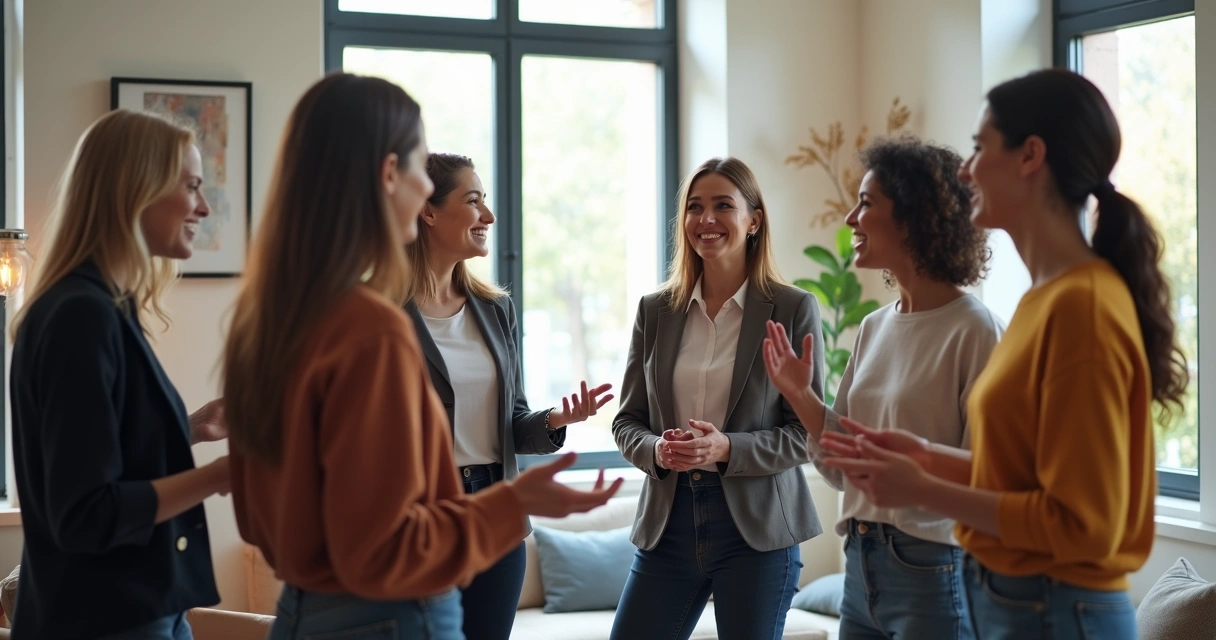 Equipo en círculo conversando con gestos de confianza y colaboración 