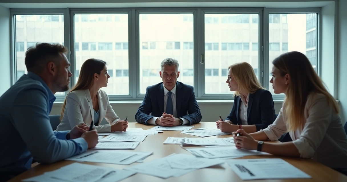 Equipo de empleados confundidos en una sala de reuniones empujando papeles e ignorando a su líder 