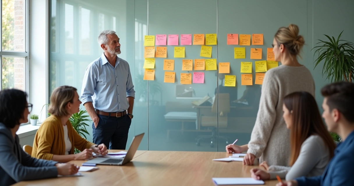 Líder y equipo diverso revisando responsabilidades con post-its en una sala de reuniones moderna 