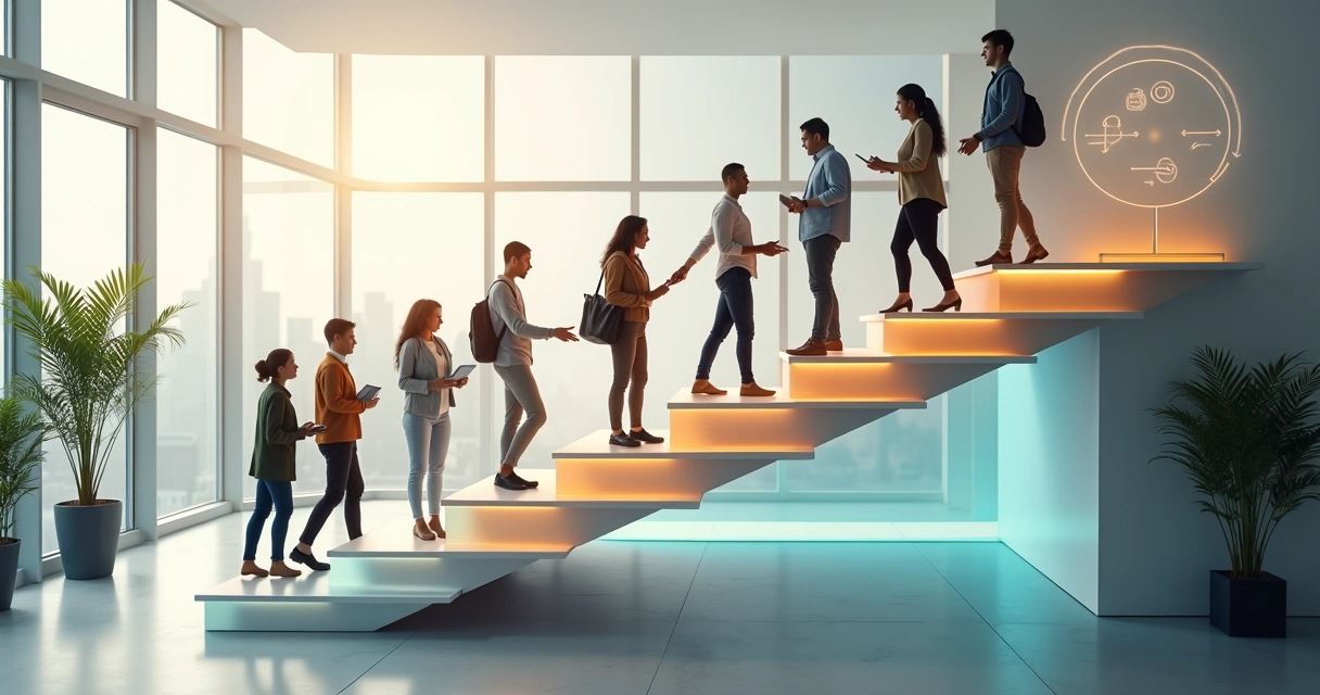 Equipo de trabajo subiendo escalones de luz hacia un objetivo compartido 