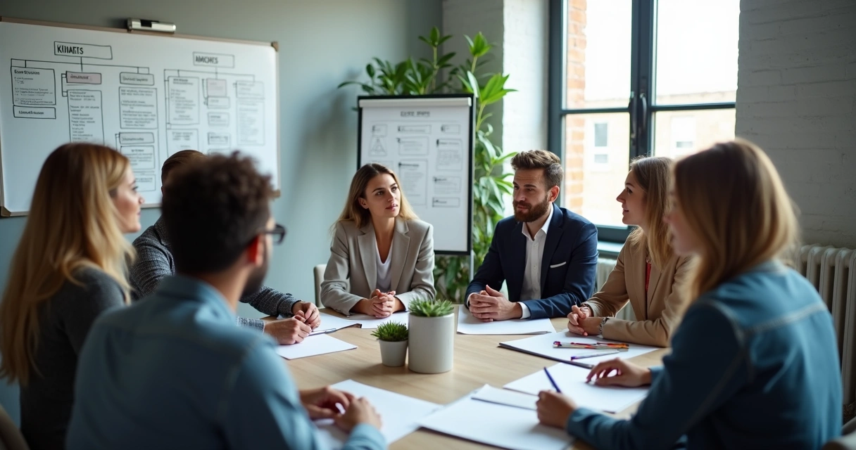 Personas en círculo de trabajo, colaborando y señalando roles organizacionales