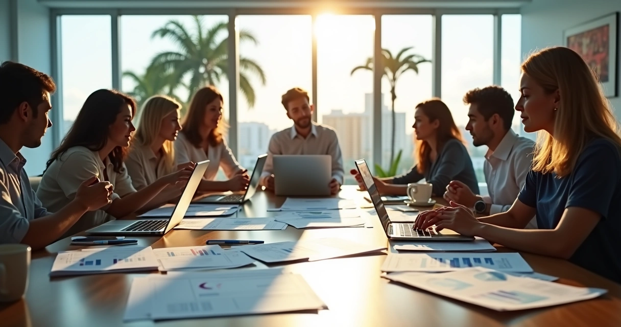 Equipo de contadores trabajando juntos en oficina de Miami. 