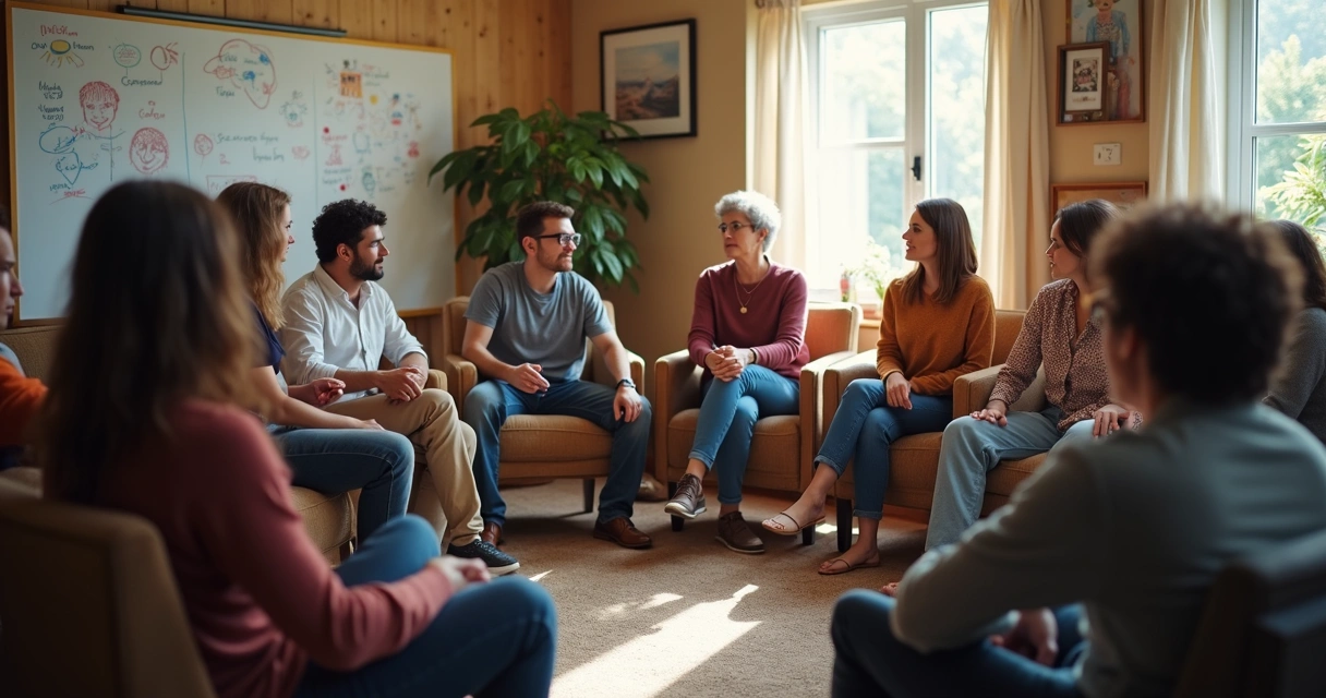 Grupo de personas sentadas en círculo conversando abiertamente 