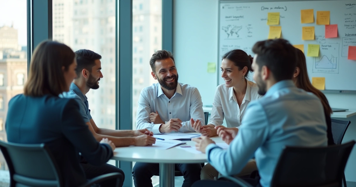 Equipo de trabajo conversando cercanamente en una oficina moderna 