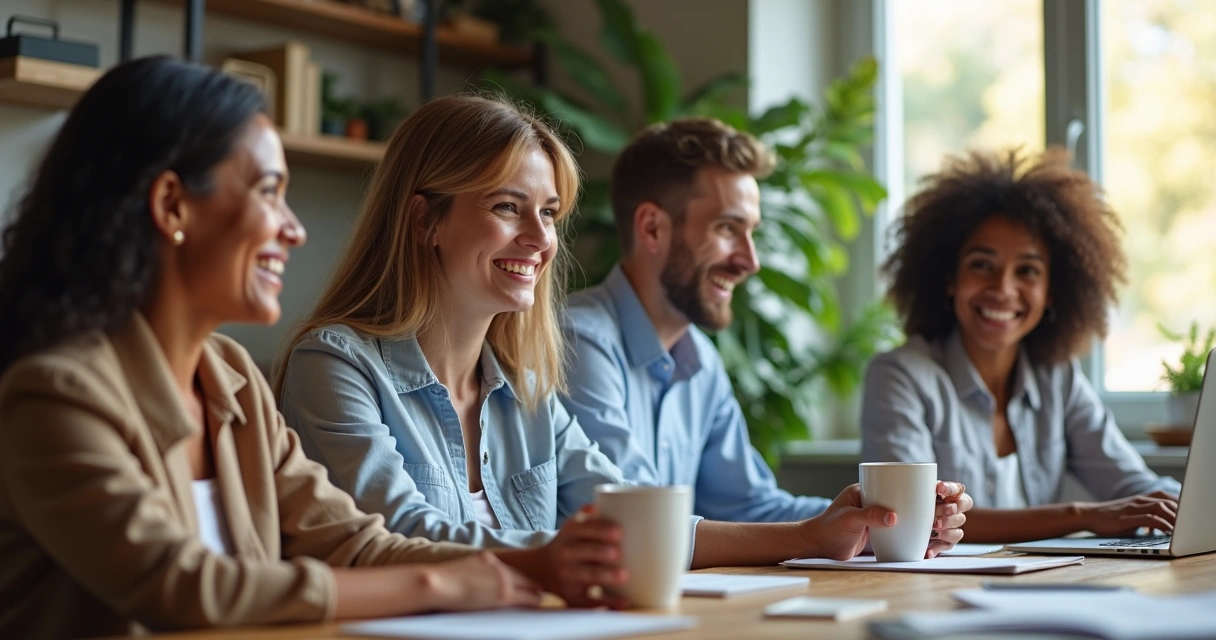 Personas en videollamada sonrientes con fondo de escritorios y tazas de café