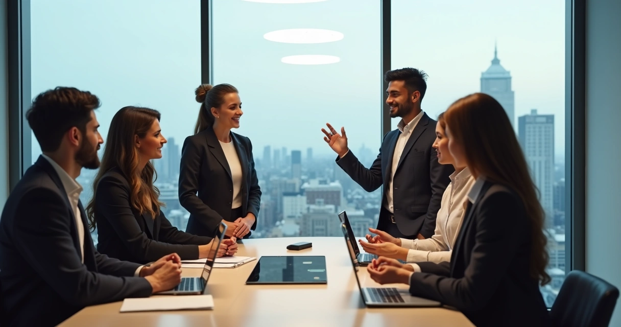 Equipo de empresa dialogando de pie alrededor de una mesa 
