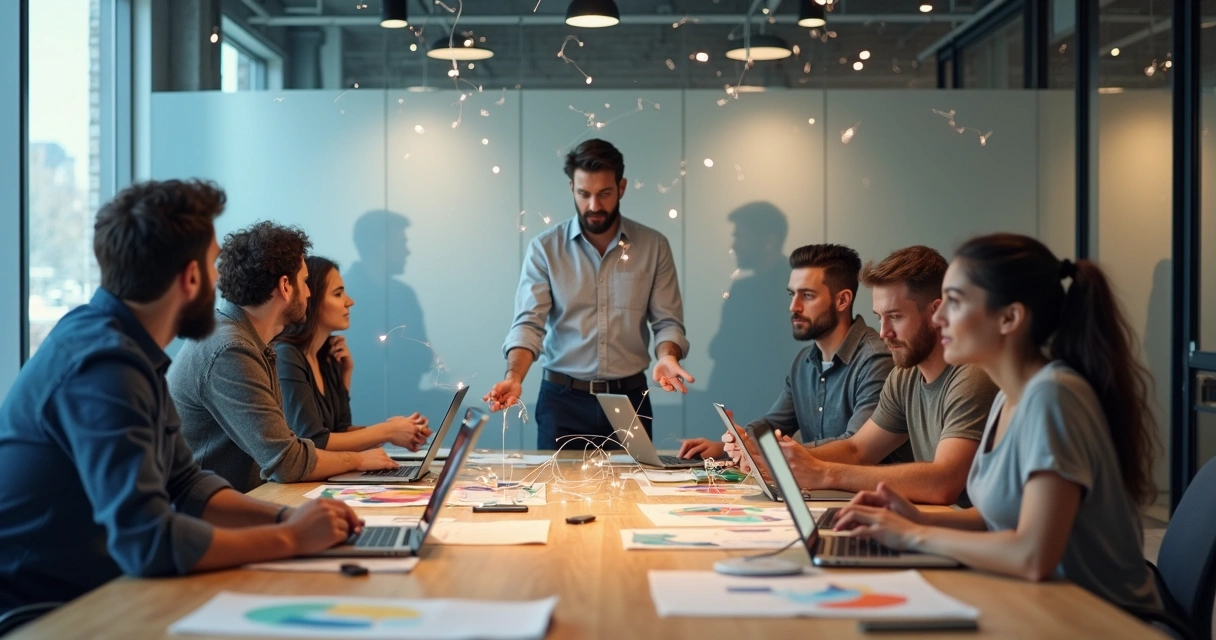 Equipo creativo reunido con tensión mientras una persona conecta hilos invisibles entre ellos 