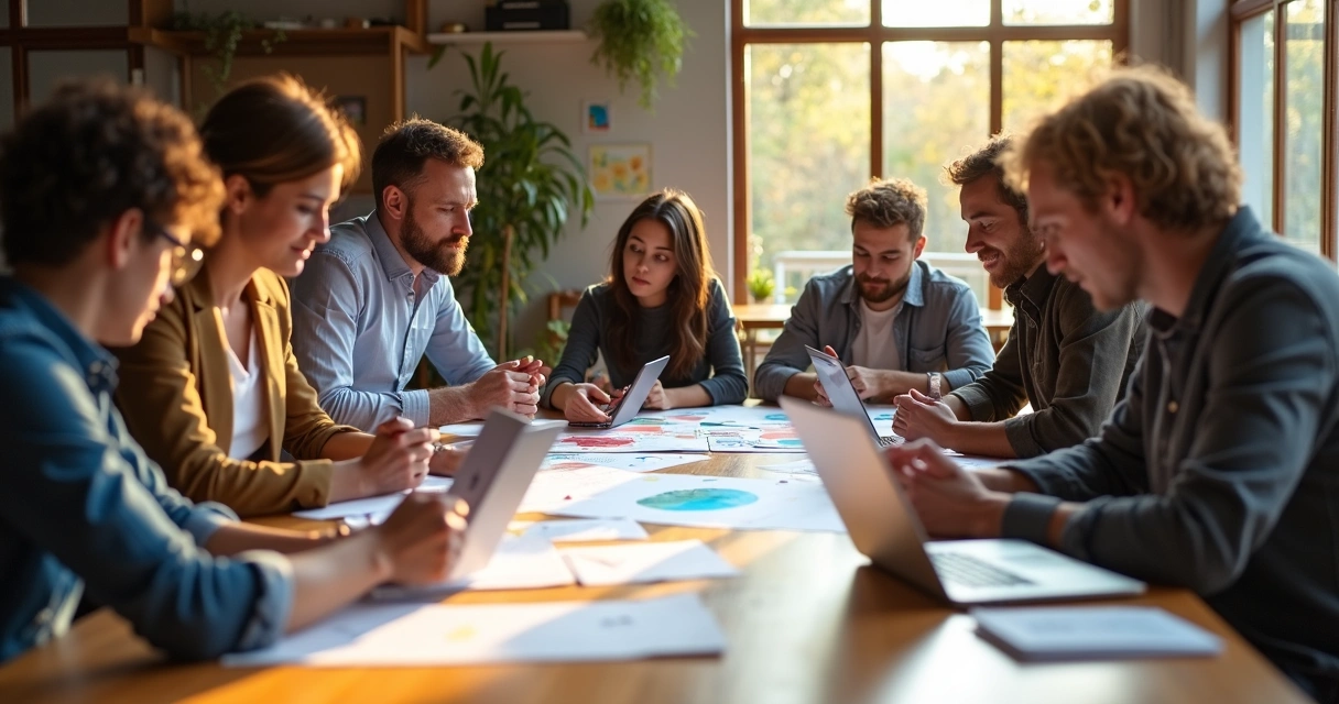 Equipo creativo reunido alrededor de una mesa con papeles, portátiles y bocetos en un ambiente colaborativo