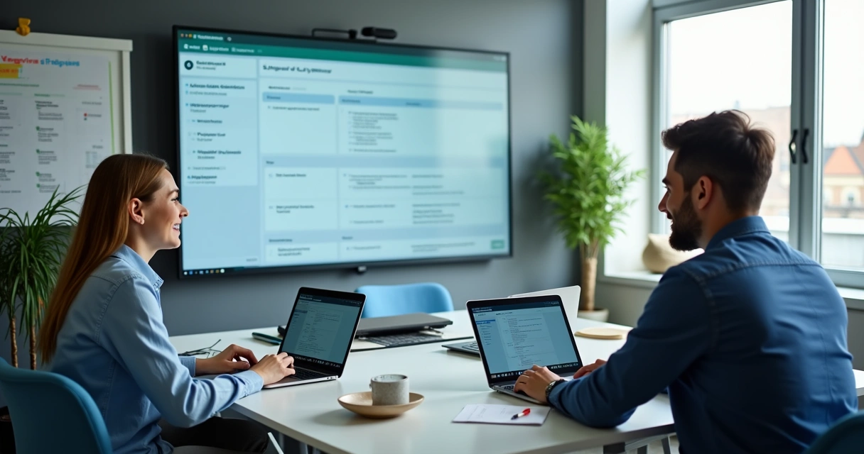 Equipo colaborando y usando un CRM para WhatsApp en oficina moderna 