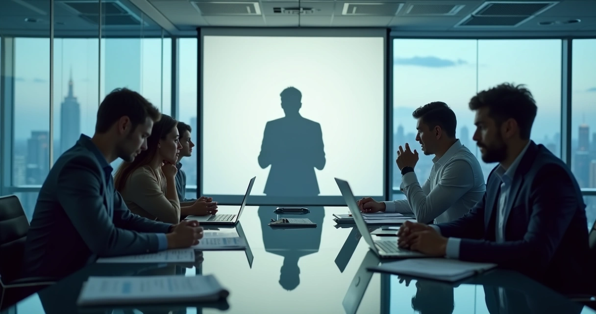 Equipo de trabajo reunido alrededor de una mesa con una gran sombra colectiva detrás 