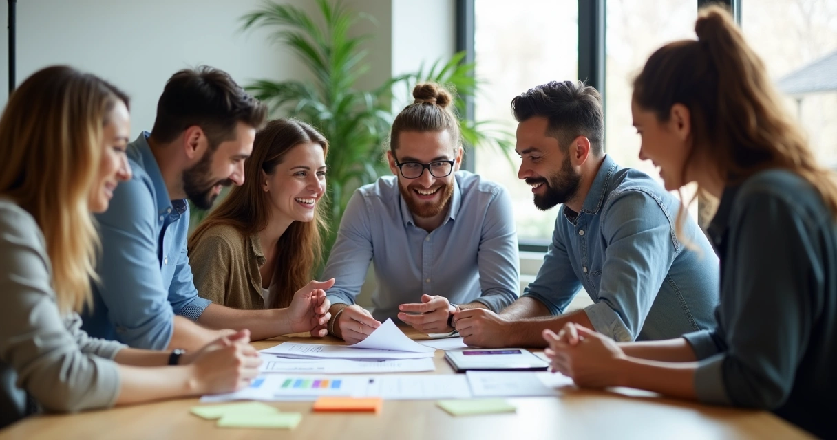 Equipo de trabajo colaborando alrededor de una mesa