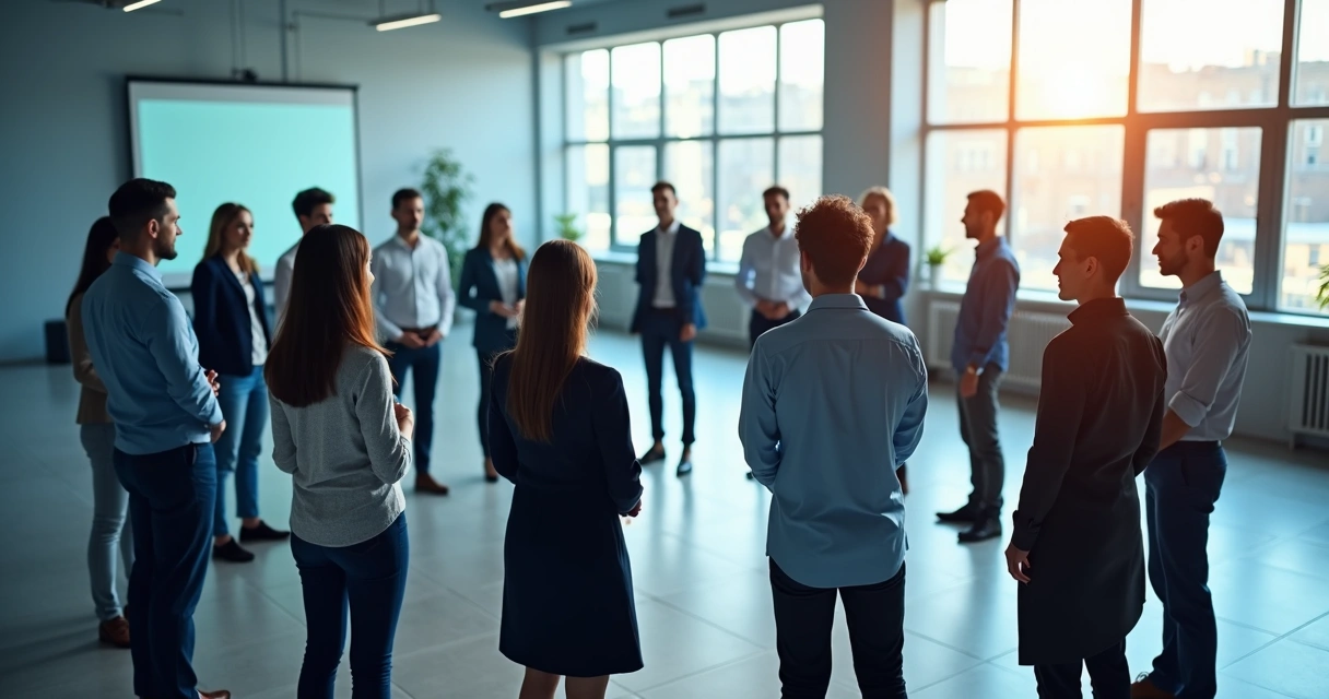 Grupo de personas en círculo atendiendo una dinámica laboral. 