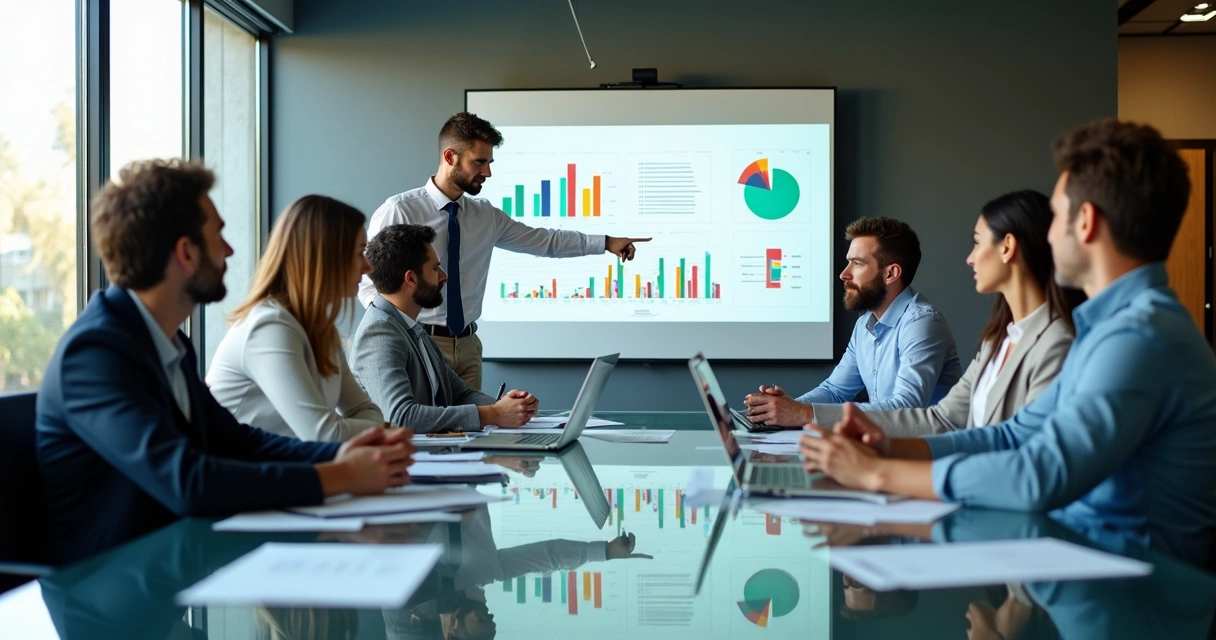Equipo de trabajo revisando informes financieros en una sala de reuniones 
