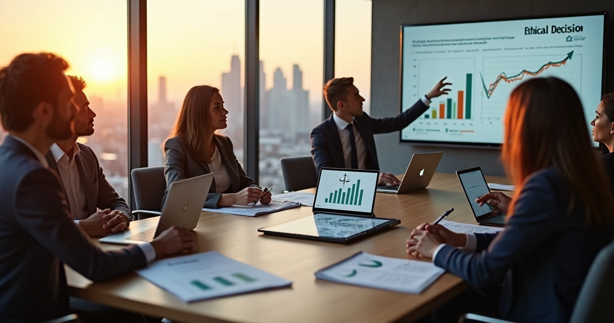 Equipo diverso analizando decisiones financieras con enfoque ético en sala de reuniones moderna 
