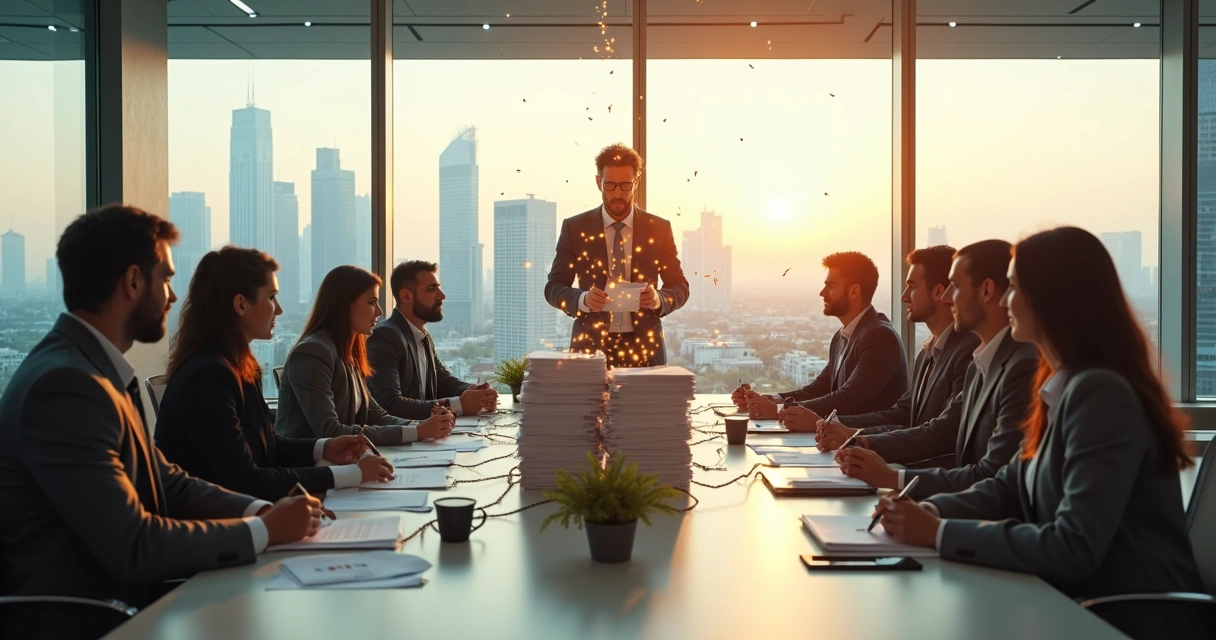 Equipo directivo soltando cuerdas que atan a una oficina llena de papeles y pantallas 