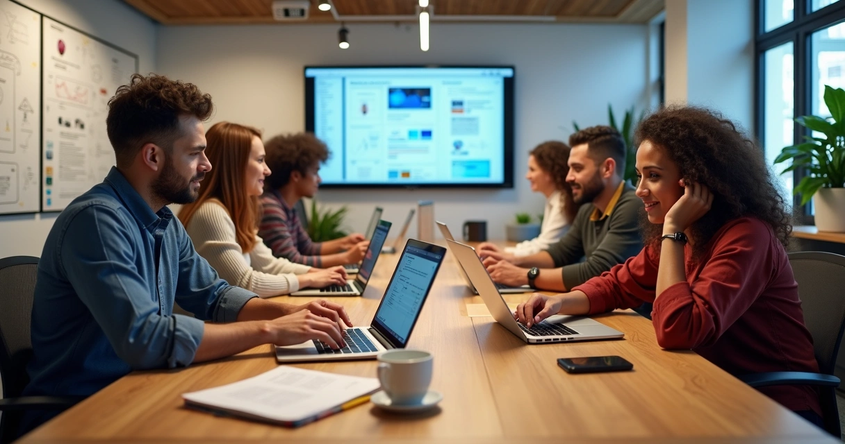 Equipo de desarrolladores trabajando juntos en laptops creando una aplicación digital en oficina moderna 