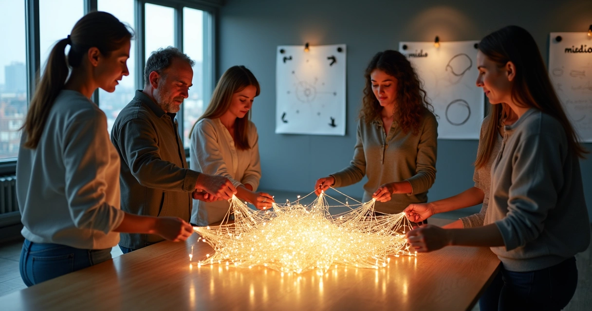 Equipo en sala amplia desatando nudos luminosos sobre una mesa compartida 