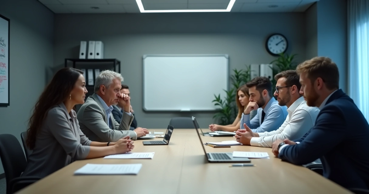 Equipo de trabajo sentado en mesa larga con distancia emocional evidente 