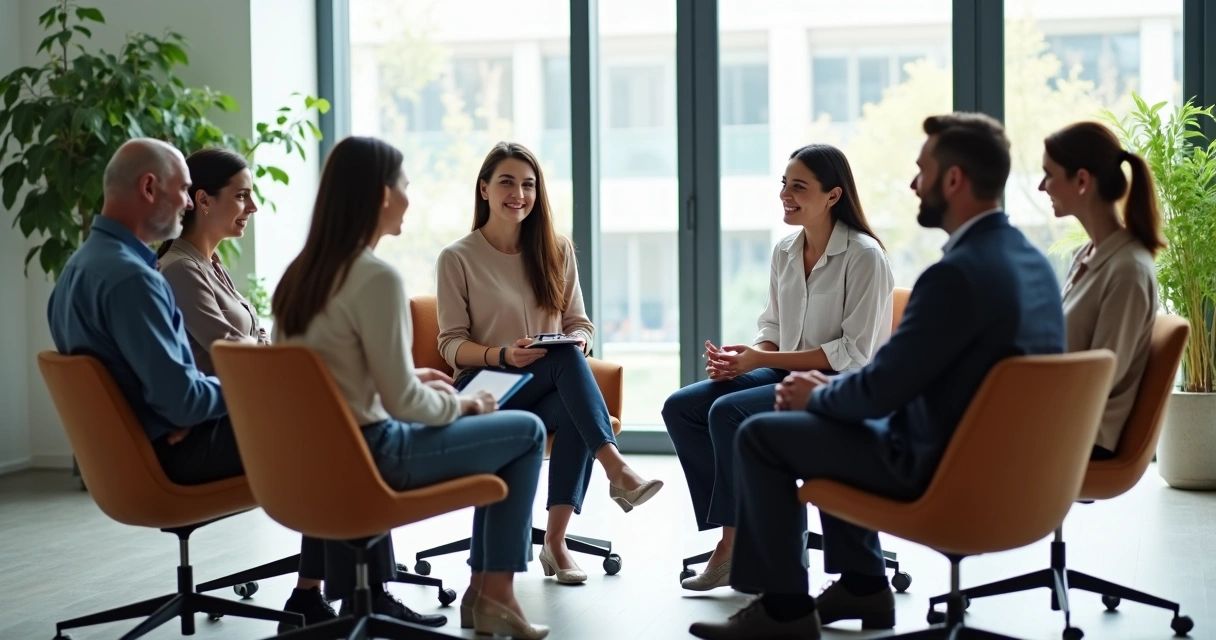 Personas sentadas en círculo conversan en una sala de oficina iluminada 