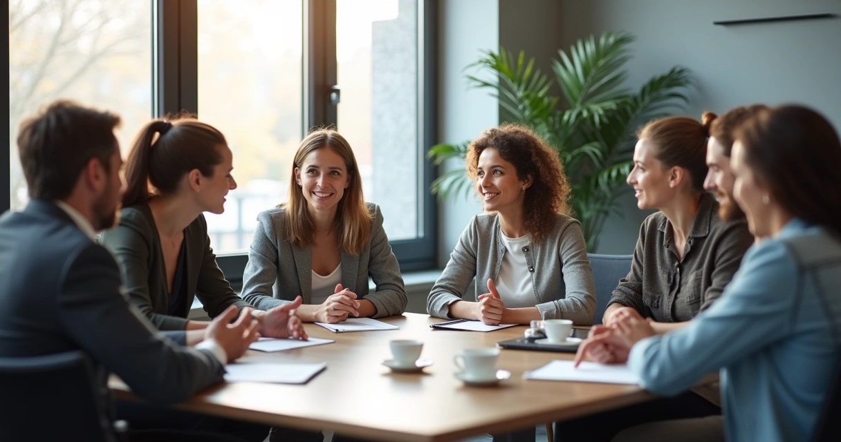 Equipo sentado en círculo dialogando y mostrando interés entre sí