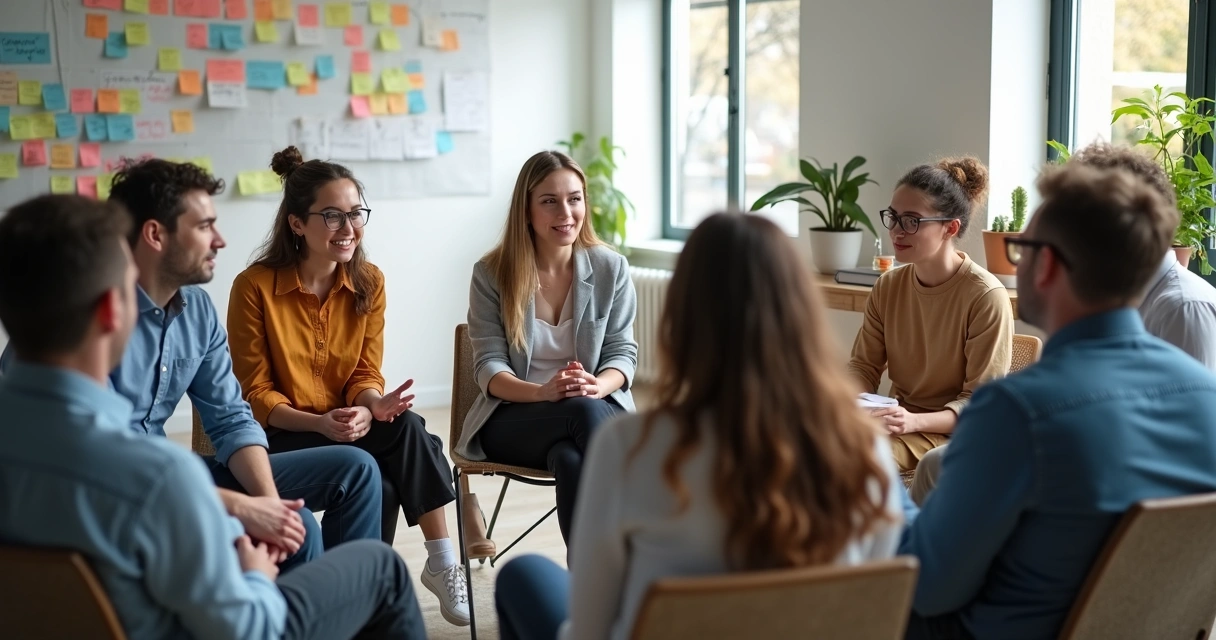 Equipo diverso sentado en círculo dialogando y mostrando confianza