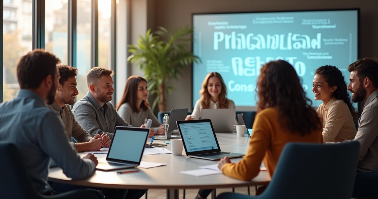 Equipo de trabajo dialogando sobre normas digitales en una mesa redonda 