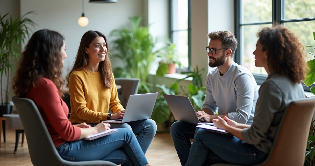 Un equipo reunido en círculo, dialogando y mostrando honestidad y comprensión 