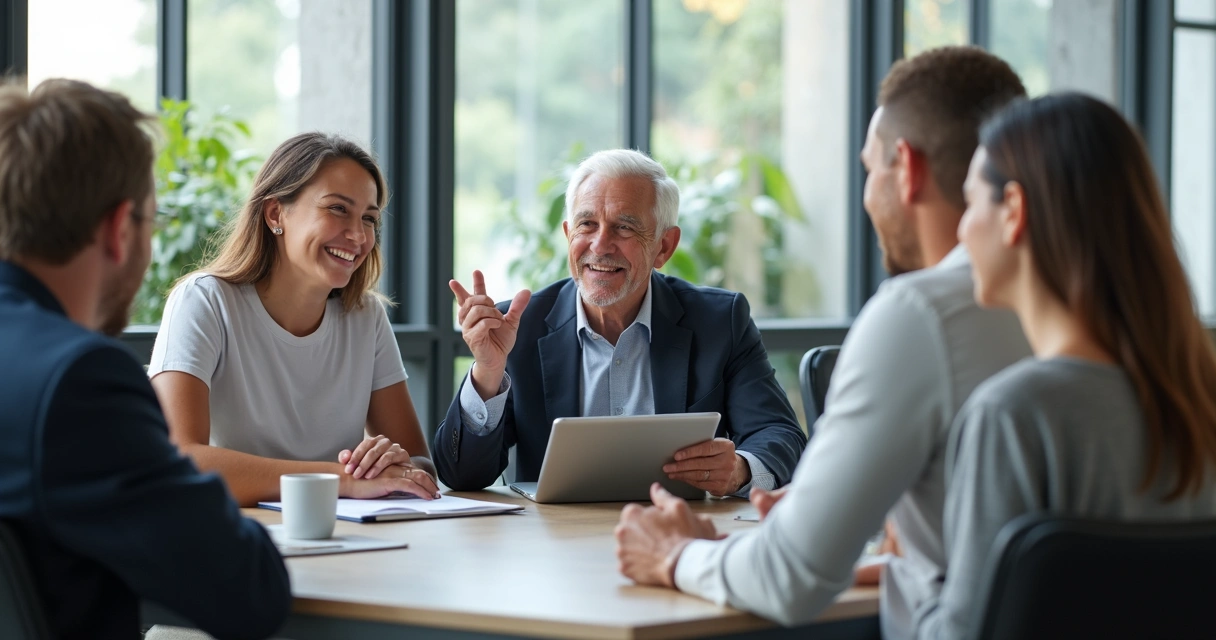Personas de diferentes edades sentadas alrededor de una mesa dialogando