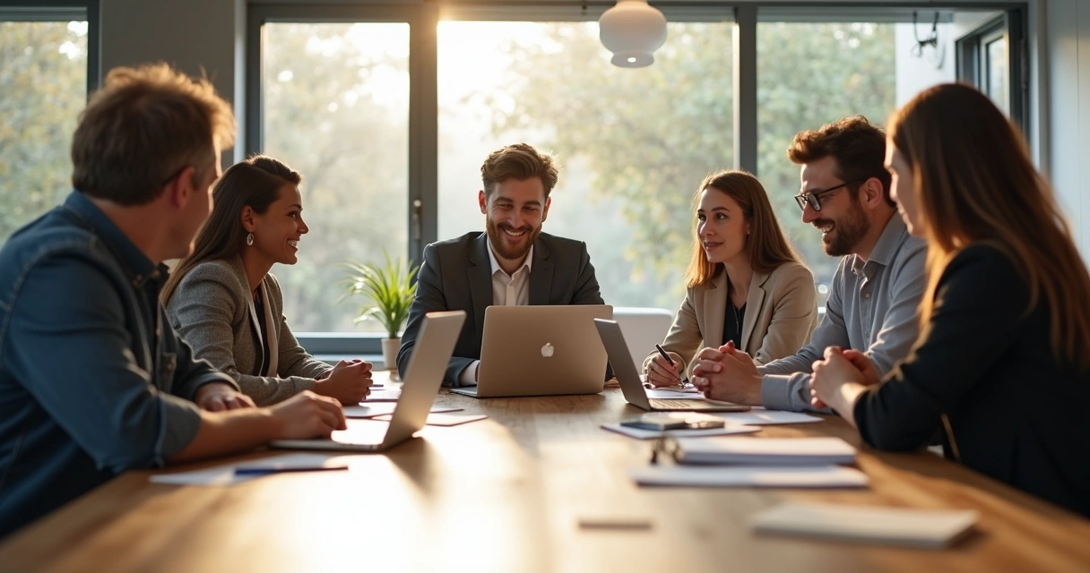 Grupo de personas dialoga en torno a una mesa de trabajo con luz natural