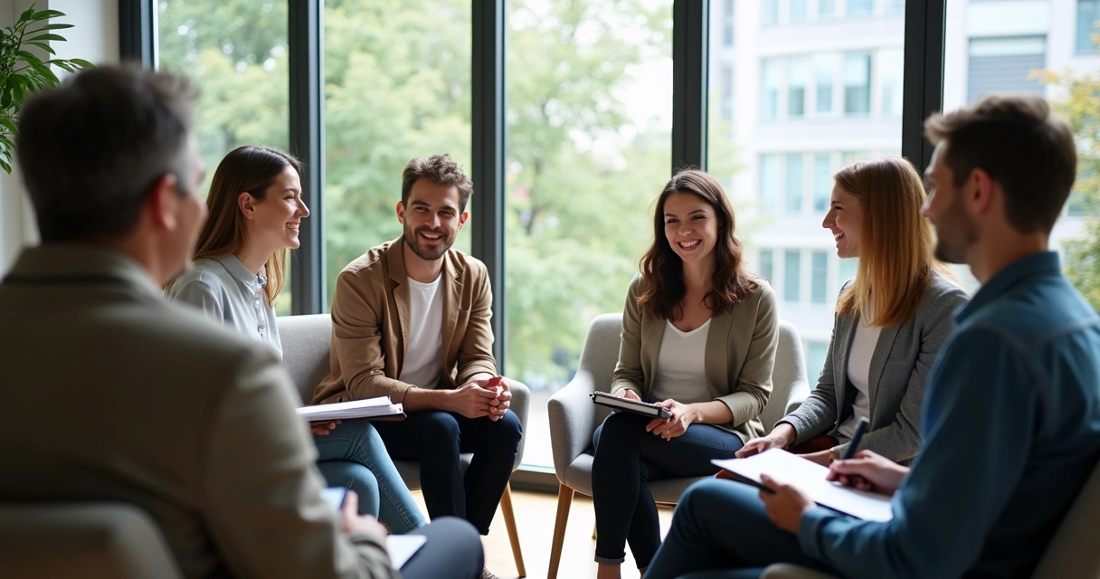 Grupo de personas en oficina conversando en círculo 