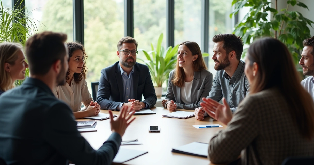 Equipo sentado en círculo en sala de reuniones participando en diálogo abierto