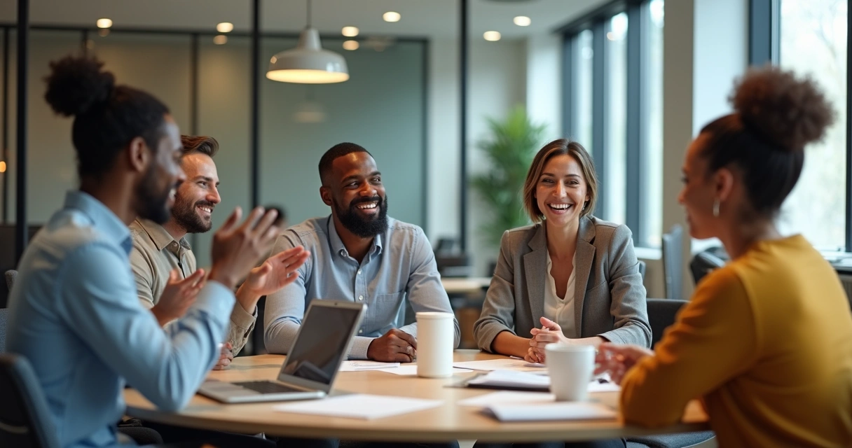 Equipo diverso conversando alrededor de una mesa, con gestos abiertos