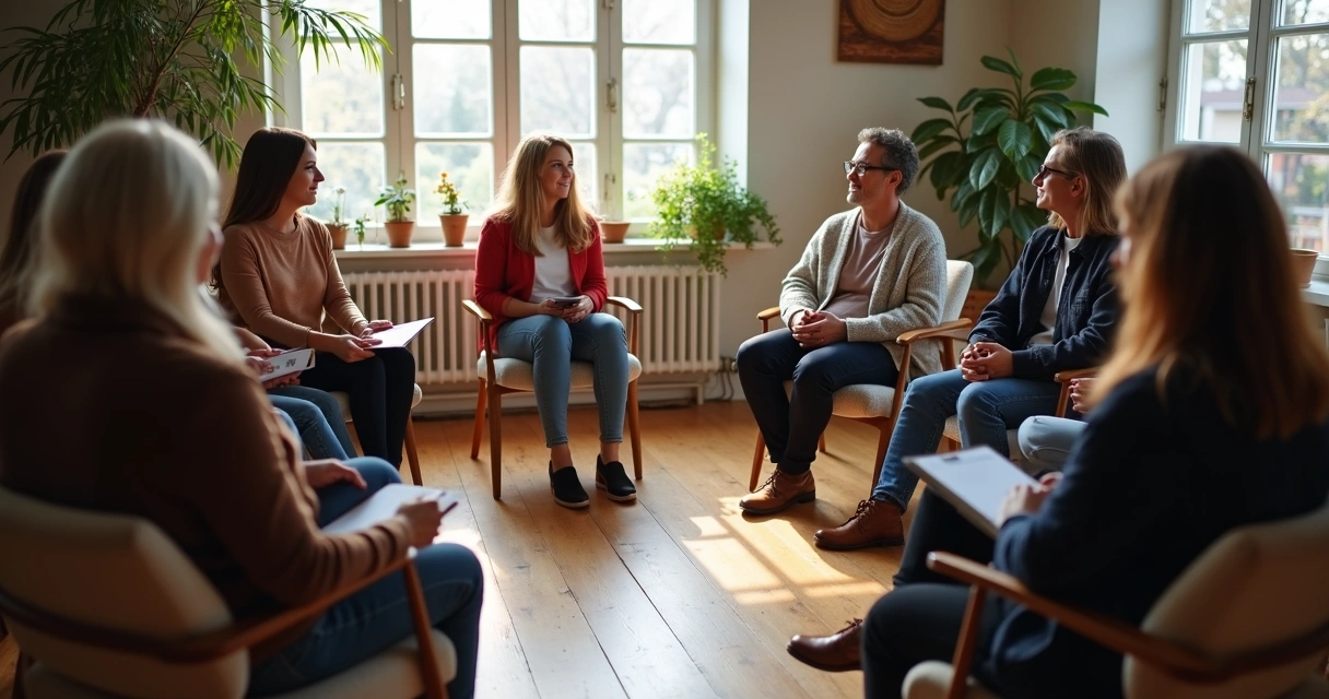 Grupo de personas sentadas en círculo dialogando de forma calmada 