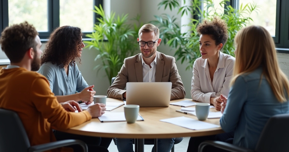Equipo de trabajo en círculo teniendo diálogo emocional en oficina moderna 