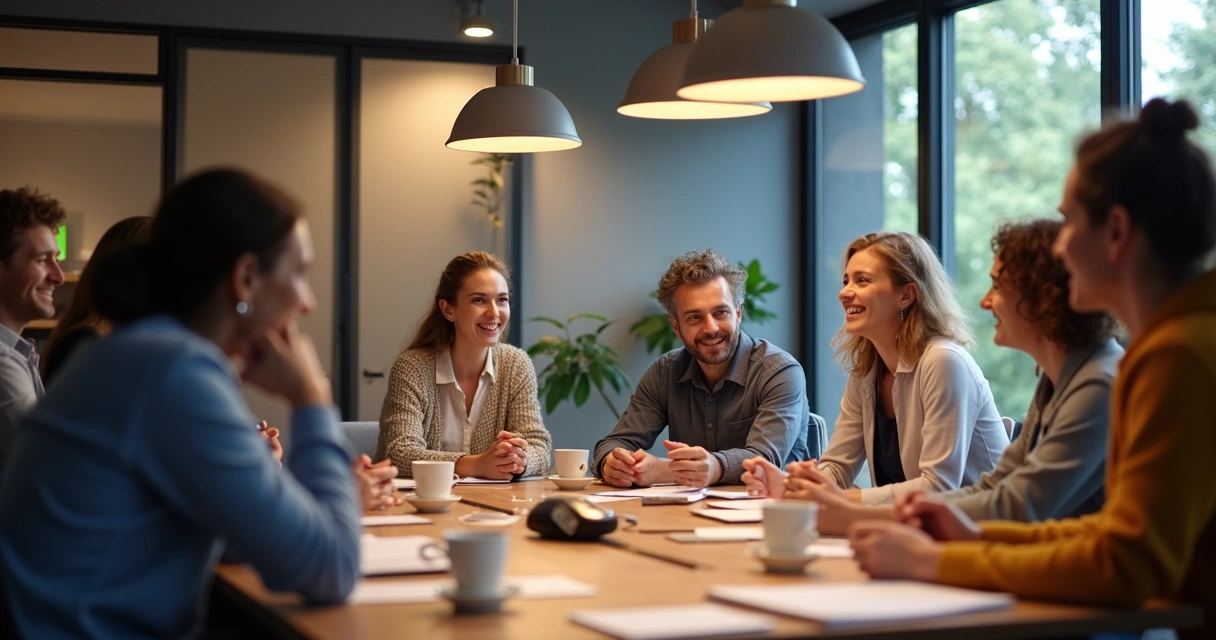Reunión de trabajo con equipo diverso conversando y sonriendo.
