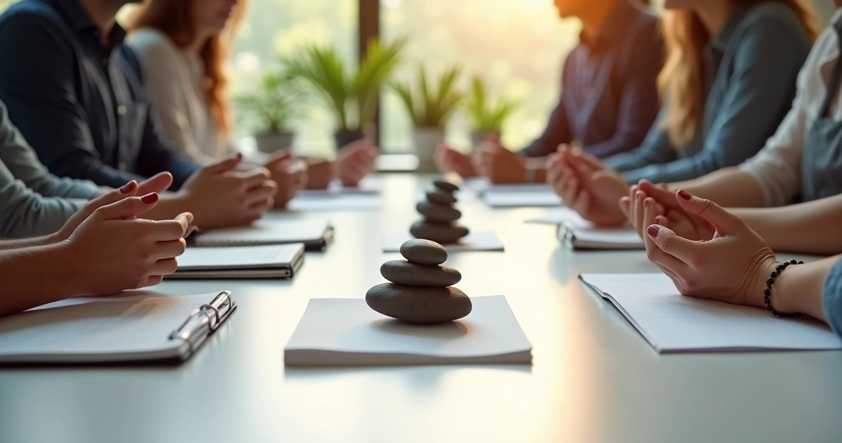 Equipo trabajando en una dinámica grupal alrededor de una mesa blanca con elementos de mindfulness, como piedras y cuadernos 