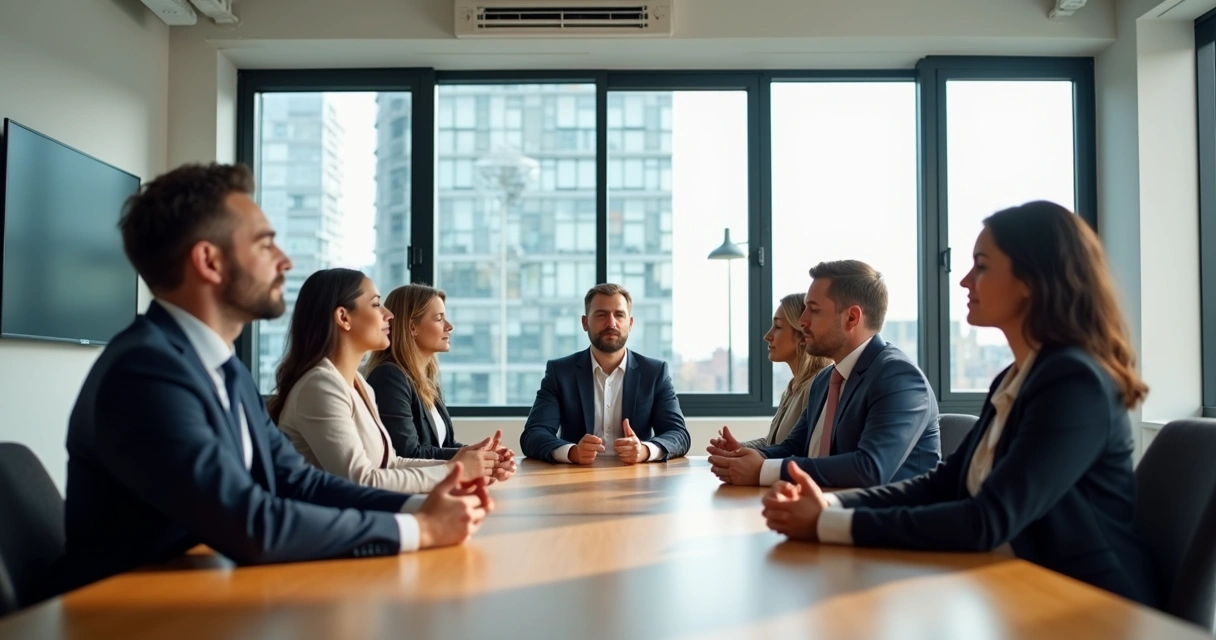 Equipo directivo sentado alrededor de una mesa, practicando meditación guiada en un entorno corporativo moderno 