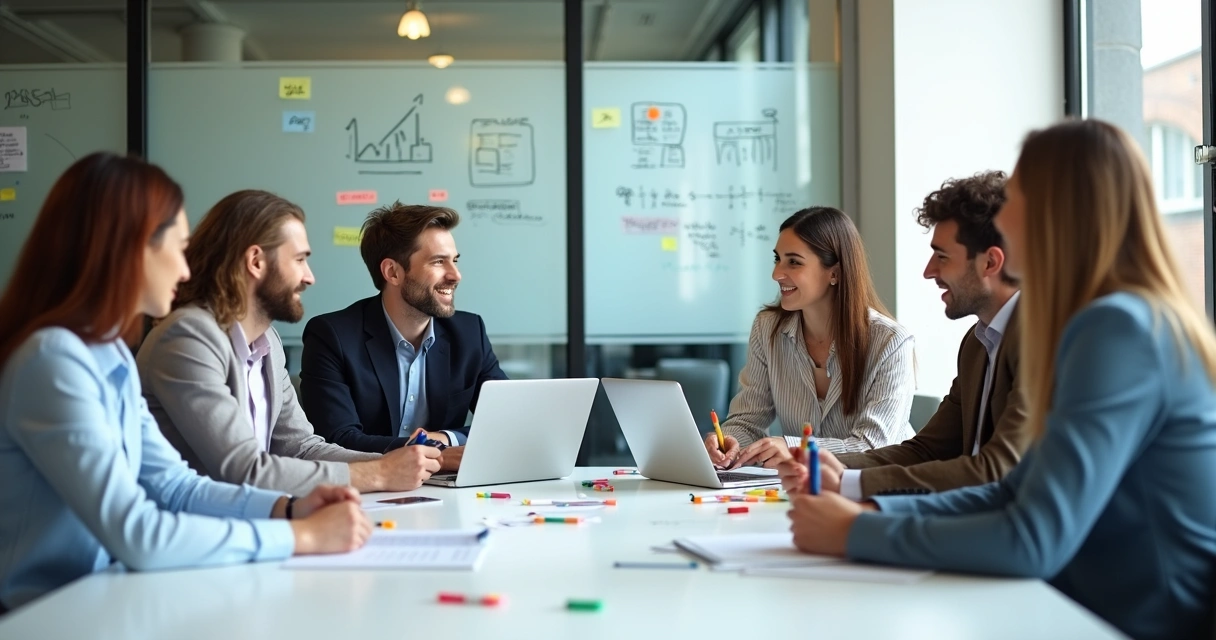 Grupo de trabajo en reunión analizando ideas juntos 