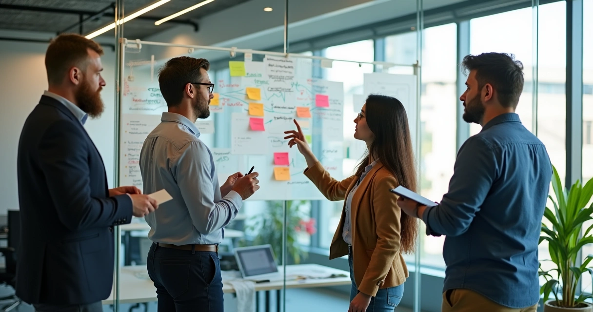 Grupo reunido con pizarra llena de diagramas