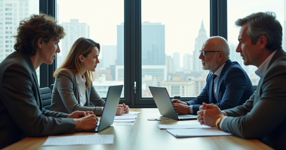 Personas en oficina conversando alrededor de una mesa