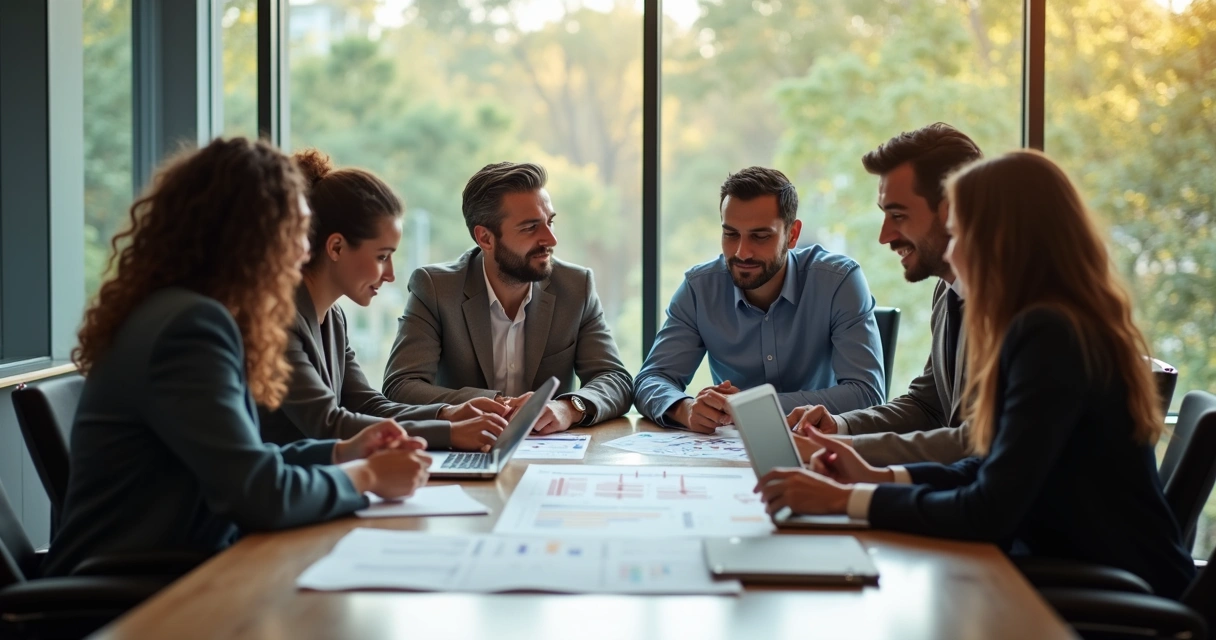 Personas reunidas en sala de juntas analizando proyectos organizacionales. 
