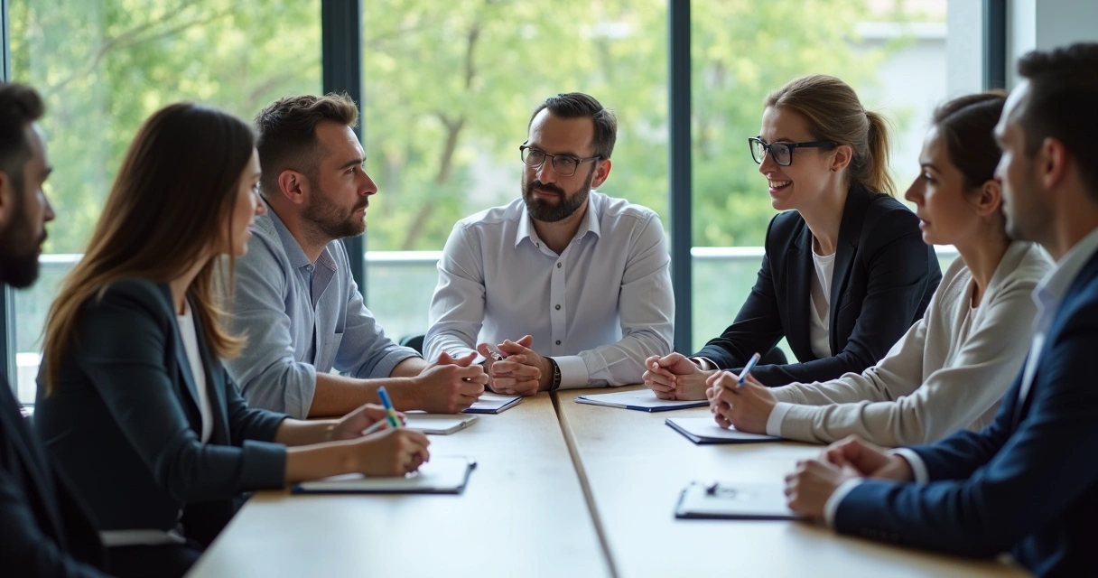 Equipo diverso en una reunión sentados alrededor de una mesa 