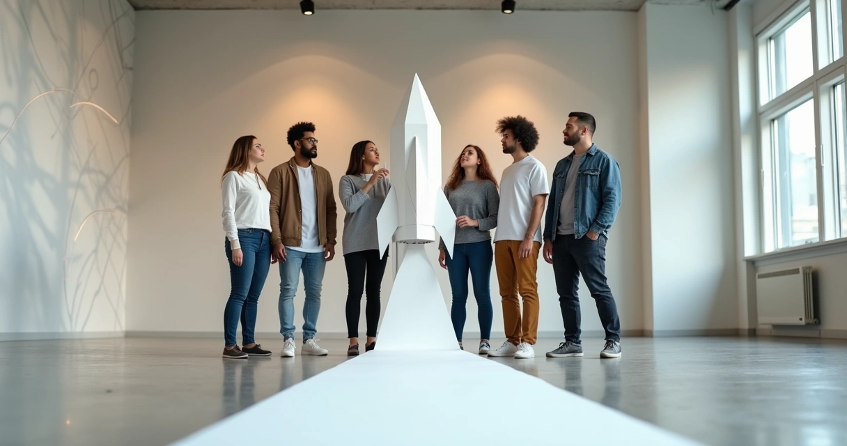 Equipo diverso soplando un cohete de papel hacia la misma dirección 