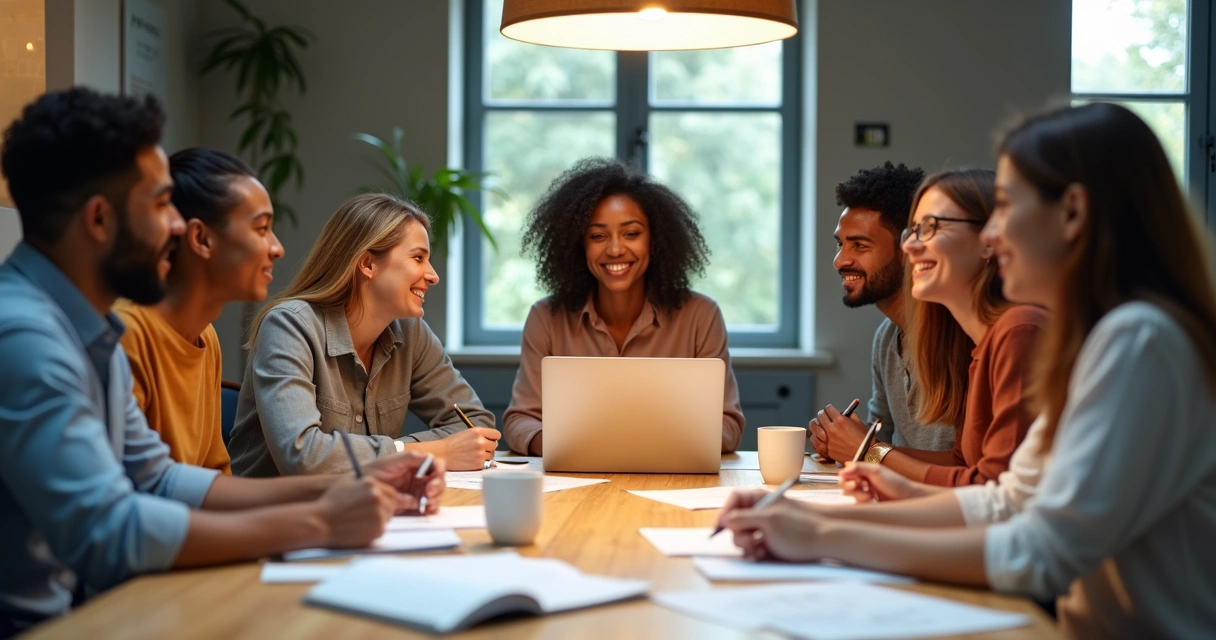 Grupo diverso colaborando y compartiendo ideas en una mesa 