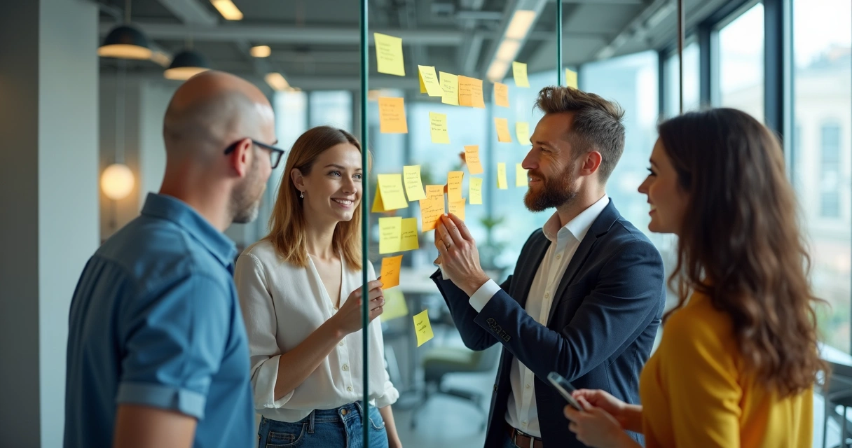 Equipo de trabajo diverso colaborando en una sala moderna 