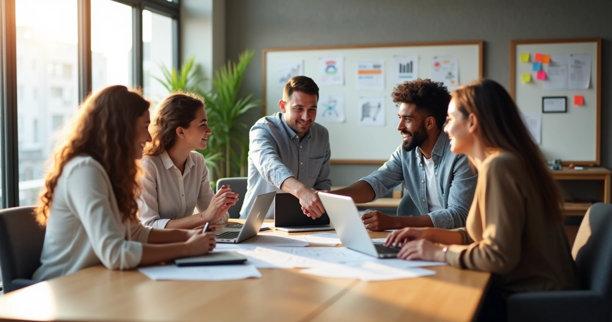 Equipo diverso colaborando alrededor de una mesa en una oficina moderna 
