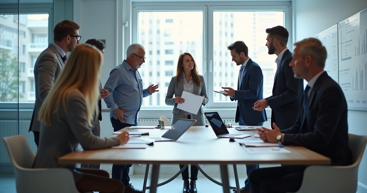 Grupo diverso debatiendo estrategias en oficina moderna con pizarras y pantallas